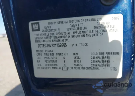 2002 GMC Sierra 1500 Sle из США, поврежденный, VIN 2GTEC19V321359965